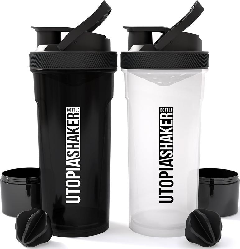 Shaker Bottle 2 Pack - 24 Ounce Plastic Protein Shaker Bottle for Pre & Post workout with Twist & Lock Protein Box Storage (All Black & Clear Black)