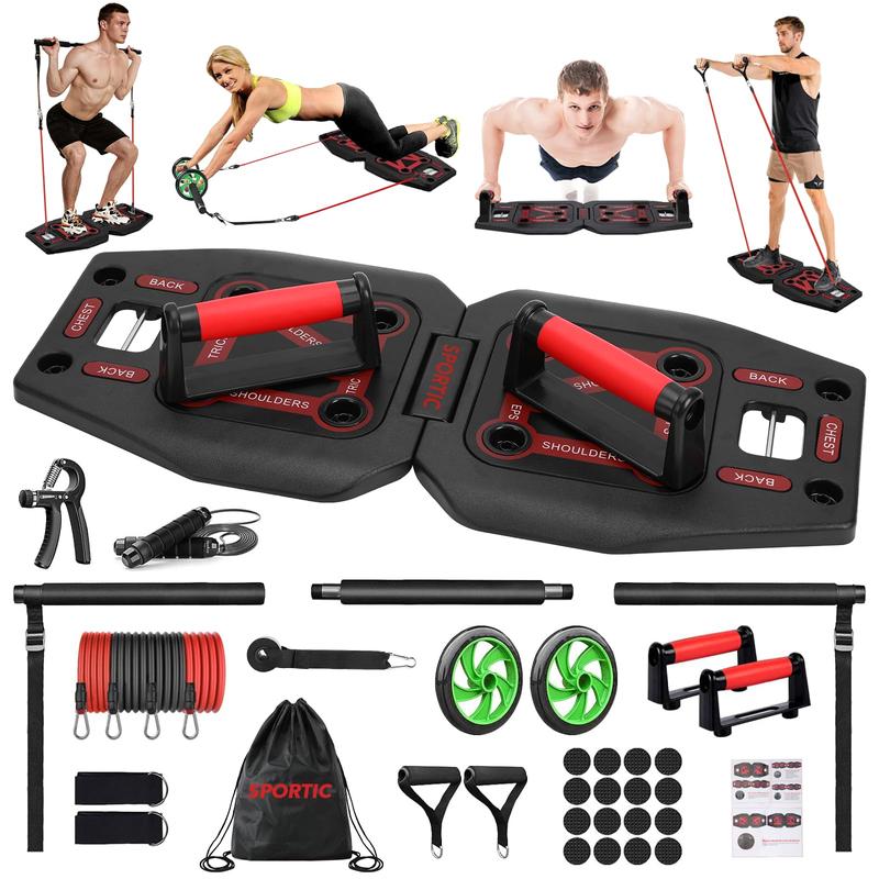 (19 in 1 Set)Foldable Push Up Board Home Gym Set with Resistance Bands, Ab Roller Wheel, and 19 Fitness Accessories including Fitness Bars