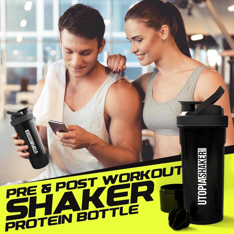 Shaker Bottle 2 Pack - 24 Ounce Plastic Protein Shaker Bottle for Pre & Post workout with Twist & Lock Protein Box Storage (All Black & Clear Black)