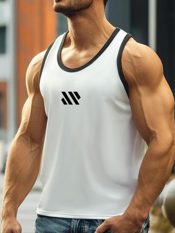 Men's Regular Fit Print Contrast Binding Round Neck Sports Tank Top, Breathable Sweat-absorbing Crew Neck Sleeveless Top for Gym Workout Running, Running Vest, Casual Sporty Top for Summer