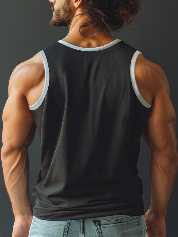 Men's Regular Fit Print Contrast Binding Round Neck Sports Tank Top, Breathable Sweat-absorbing Crew Neck Sleeveless Top for Gym Workout Running, Running Vest, Casual Sporty Top for Summer