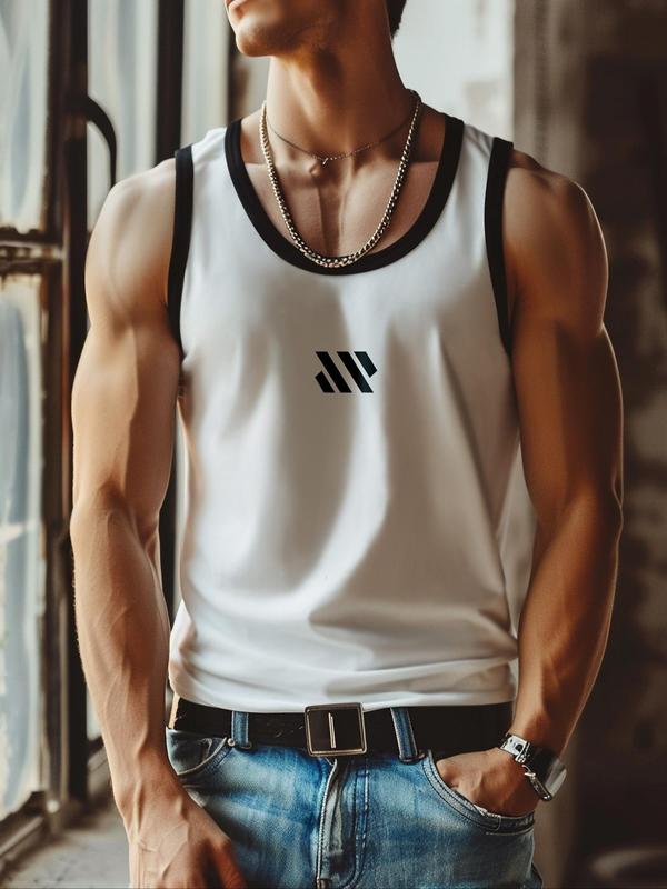 Men's Regular Fit Print Contrast Binding Round Neck Sports Tank Top, Breathable Sweat-absorbing Crew Neck Sleeveless Top for Gym Workout Running, Running Vest, Casual Sporty Top for Summer