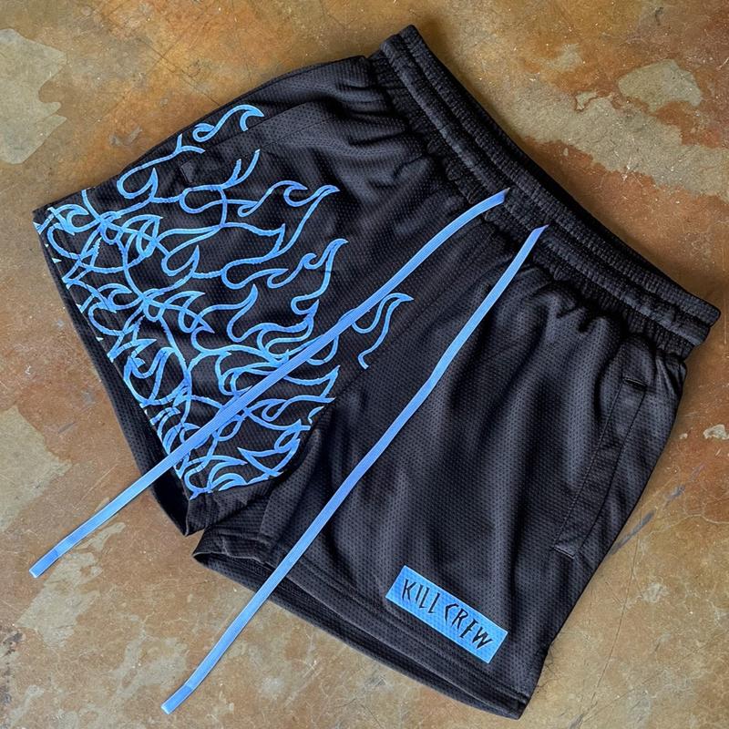 [Kill Crew] Muay Thai Shorts Flame - Black   Blue, Unisex, Mid Thigh Cut, Pockets, Gym Shorts, Elastic Waistband, Long drawcord with wax tips