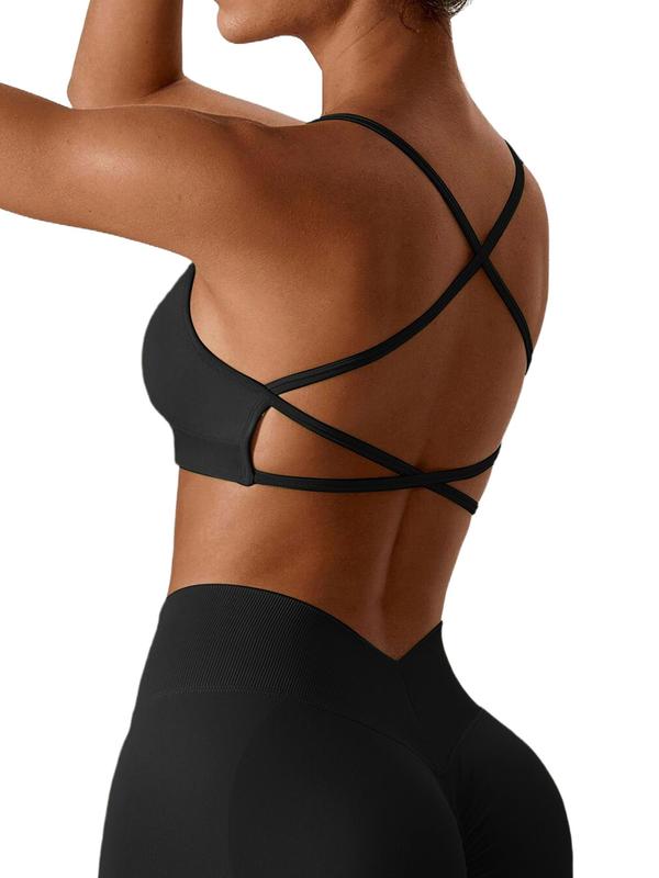 Women's Solid Criss Cross Backless Sports Bra, Breathable Comfortable Removable Chest Pads Sports Bra, Ladies Sportswear for Indoor Outdoor Wear