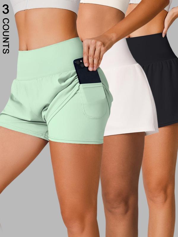 Women's 2 in 1 Pocket Sports Shorts, Solid Color Breathable Comfortable Shorts, Ladies Sportswear for Indoor Outdoor Wear