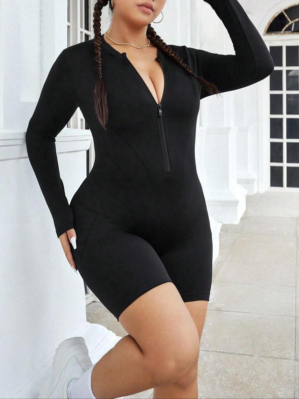 Plus Size Solid Zip Up Sports Romper, Casual Comfy Long Sleeve Round Neck Sports Romper For Summer, Women's Sport & Outdoor Clothing For Indoor Outdoor Wear