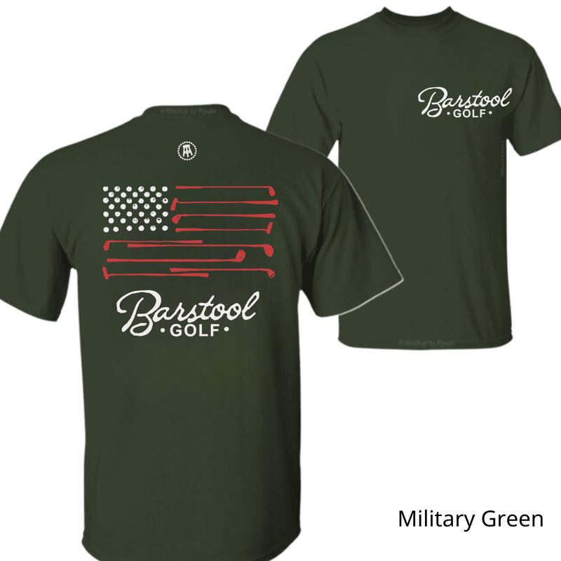 Barstool Golf T-shirt - Unique American flag design made from golf clubs, breathable fabric, perfect for sports events, outdoor activities, and casual wear.