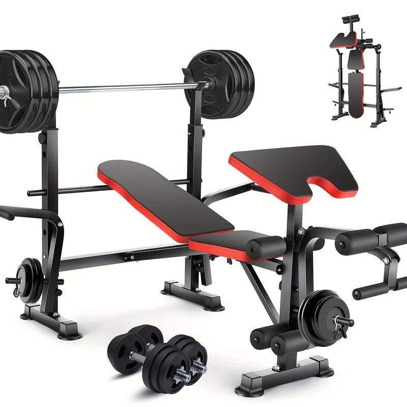 Professional All In One Weight Bench Set With Squat Rack, Adjustable & Foldable Workout Bench Press Set With Leg Developer, Preacher Curl Pad For Home Gym Full Body Workout