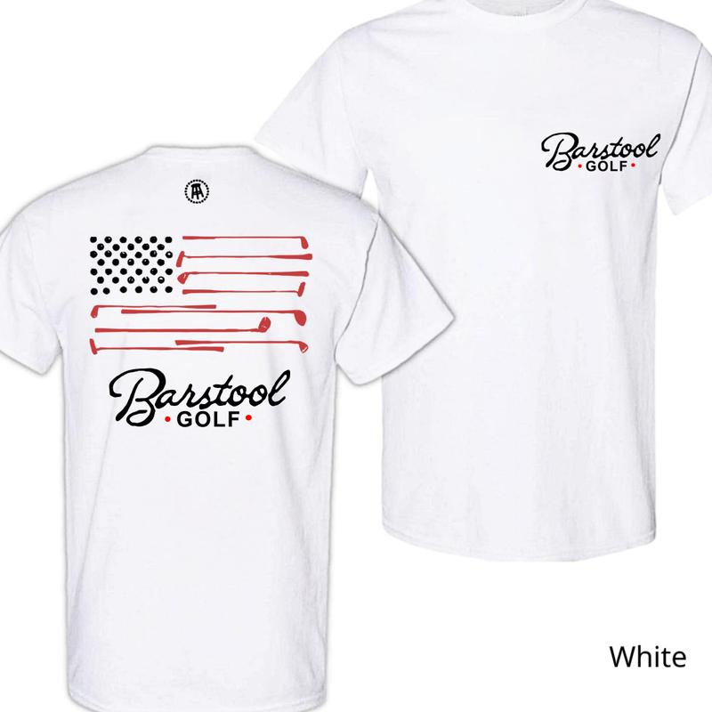 Barstool Golf T-shirt - Unique American flag design made from golf clubs, breathable fabric, perfect for sports events, outdoor activities, and casual wear.