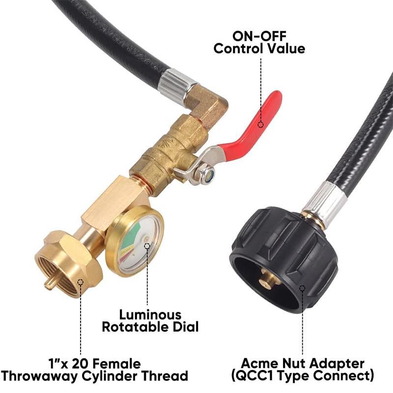 Propane Refill Adapter Hose, 350PSI High Pressure Camping Grill Adapter Connector with on-Off Control Valve, Pipe Fittings & Accessories