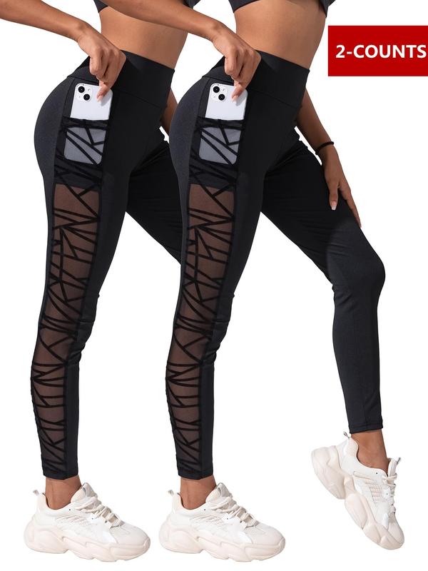 Women's High Waist Pocket Sports Tummy Control Leggings, Solid Breathable Mesh Stitching Butt Lift Yoga Leggings, Girl Yoga Pants, Fall Outfits 2024, Gym Clothing, Leggings for Women