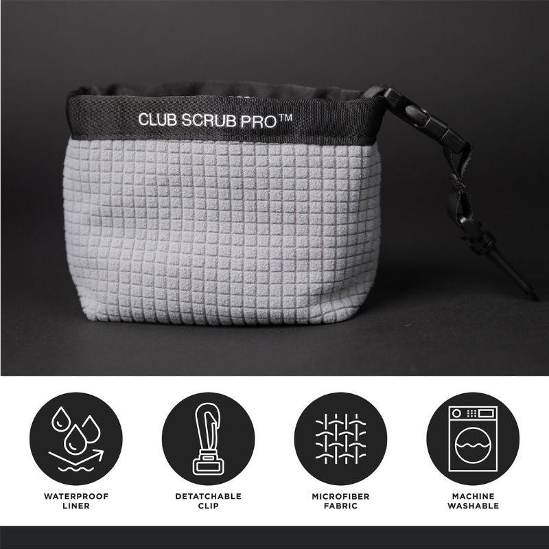 Gray Pro Club Scrub - Golf Club and Golf Ball Cleaning Bag, Waterproof Liner, Detachable Clip, Machine Washable, Cleans Club Grooves, Dry Exterior golf accessory golf towel