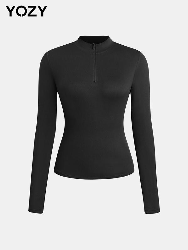 YOZY Solid Zip Up Mock Neck Sports Tee, Sporty Long Sleeve T-shirt, 2024 Women's All Seasons Outfits for Yoga, Gym, Workout, Running