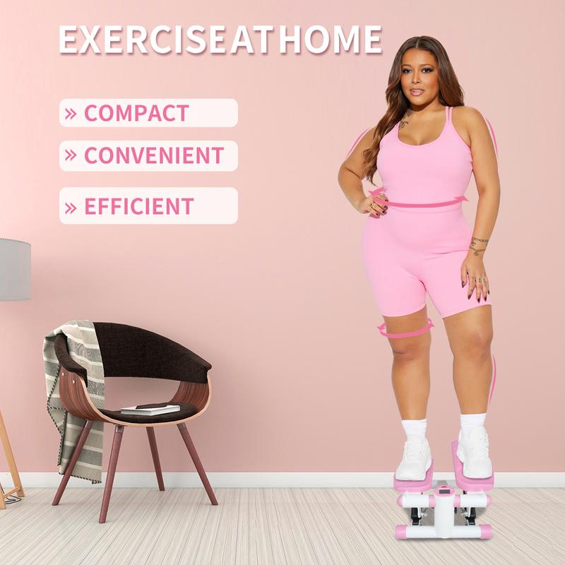 Mini Pink Steppers for Exercise at Home, Stair Step Workout Machine With Resistance Bands, Full Body Cardio Equipment with LCD Monitor