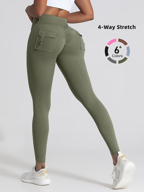 Women's Solid High Waist Pocket Sports Leggings, Casual Comfy Breathable Skinny Pants for Yoga Gym Workout Running, Ladies Sportswear for All Seasons