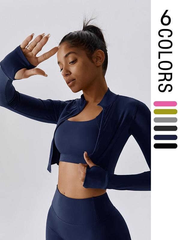 Women's Solid Zip Up High Neck Sports Crop Jacket, Quick Drying Long Sleeve Zip Front Outerwear for Yoga Gym Tennis Pickleball, Ladies Sportswear Clothing for Fall, Fall Outfits 2024 Black Girl Outfits