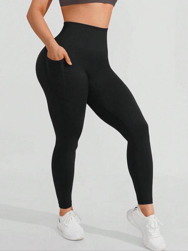 Women's Solid High Waist Pocket Sports Leggings, Casual Comfy Breathable Skinny Pants for Yoga Gym Workout Running, Ladies Sportswear for All Seasons