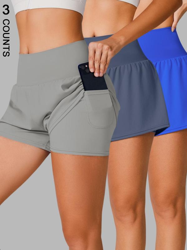 Women's 2 in 1 Pocket Sports Shorts, Solid Color Breathable Comfortable Shorts, Ladies Sportswear for Indoor Outdoor Wear