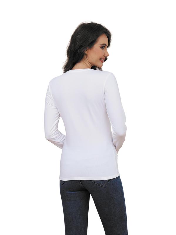 Women's Solid Round Neck Sports Thermal Tee, Casual Comfy Warm Long Sleeve T-shirt for Fall & Winter, Women's Sportswear for Indoor Outdoor Wear