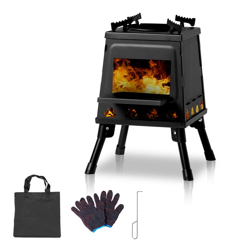 Wood Burning Camp Stove, Portable Cast Iron Camping Wood Stove, Black Woodstove with Carrying Case for Backpacking Outdoor Cooking