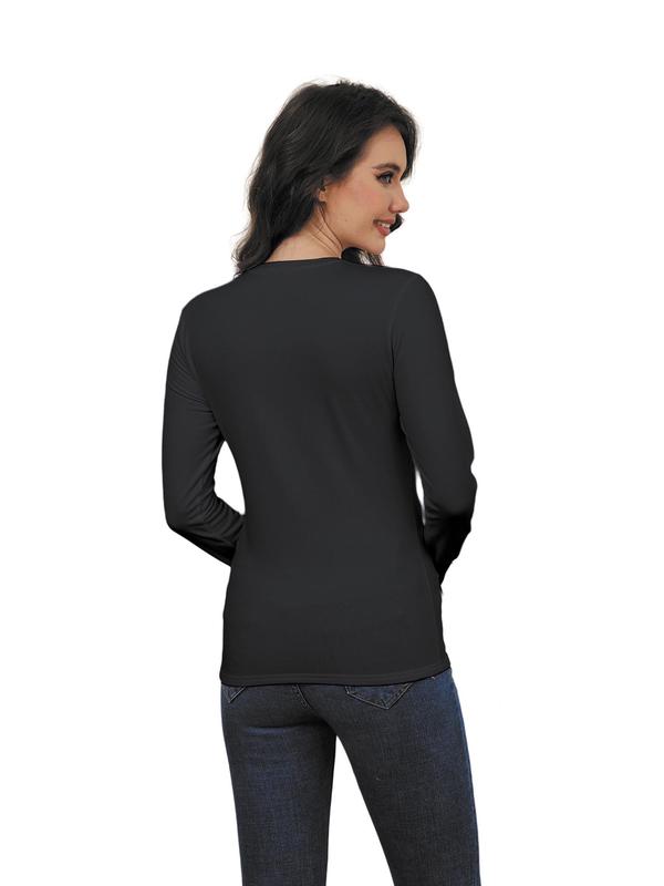 Women's Solid Round Neck Sports Thermal Tee, Casual Comfy Warm Long Sleeve T-shirt for Fall & Winter, Women's Sportswear for Indoor Outdoor Wear