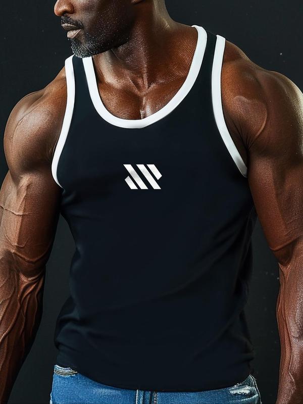 Men's Regular Fit Print Contrast Binding Round Neck Sports Tank Top, Breathable Sweat-absorbing Crew Neck Sleeveless Top for Gym Workout Running, Running Vest, Casual Sporty Top for Summer