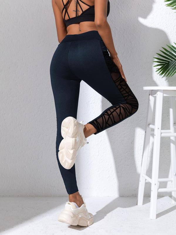 Women's High Waist Pocket Sports Tummy Control Leggings, Solid Breathable Mesh Stitching Butt Lift Yoga Leggings, Girl Yoga Pants, Fall Outfits 2024, Gym Clothing, Leggings for Women