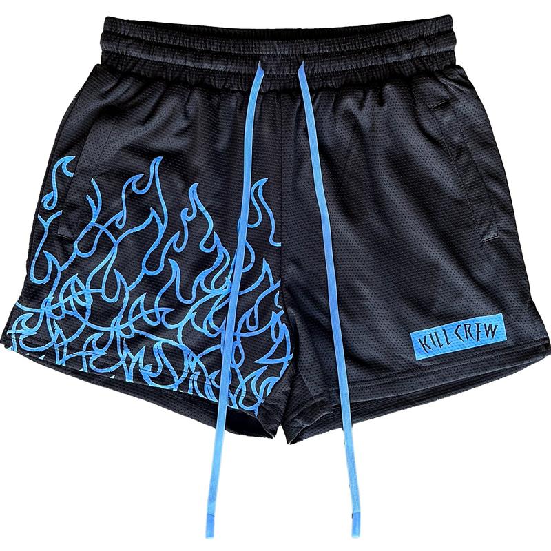 [Kill Crew] Muay Thai Shorts Flame - Black   Blue, Unisex, Mid Thigh Cut, Pockets, Gym Shorts, Elastic Waistband, Long drawcord with wax tips