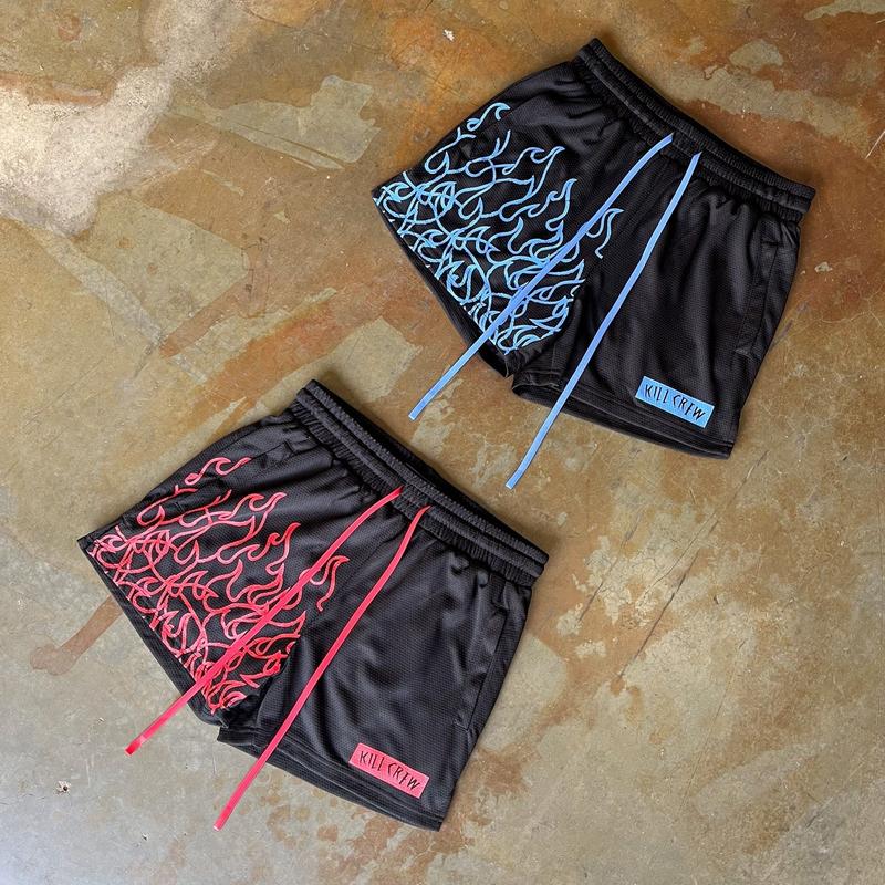 [Kill Crew] Muay Thai Shorts Flame - Black   Blue, Unisex, Mid Thigh Cut, Pockets, Gym Shorts, Elastic Waistband, Long drawcord with wax tips