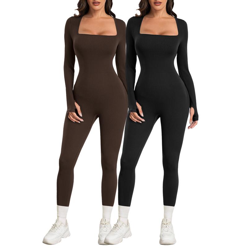 Women Yoga Jumpsuits Workout Ribbed Long Sleeve Sport Jumpsuits