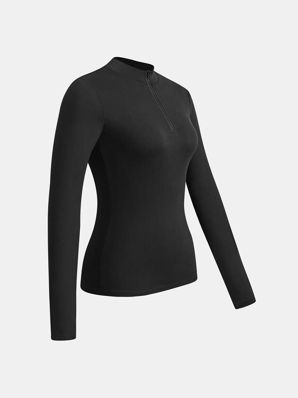 YOZY Solid Zip Up Mock Neck Sports Tee, Sporty Long Sleeve T-shirt, 2024 Women's All Seasons Outfits for Yoga, Gym, Workout, Running