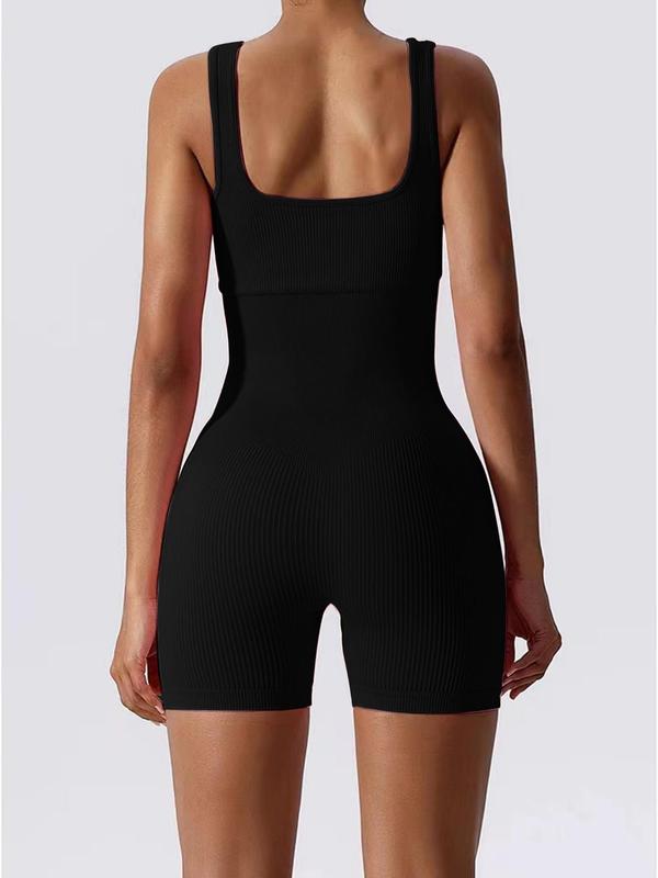 Women's Solid Backless Sports Romper, Casual Sleeveless Square Neck Sports Onesie for Yoga Gym Workout, Tummy Control Bodysuit Summer 2024 Clothes Women, Women Sport & Outdoor Clothing, Fall Outfits, Fallfreshness