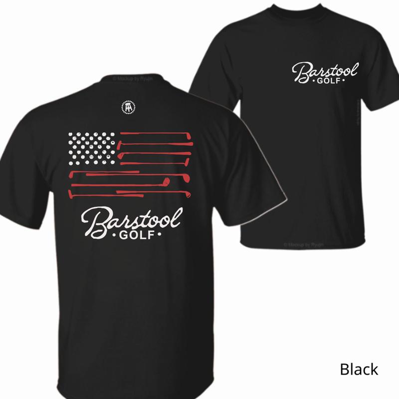 Barstool Golf T-shirt - Unique American flag design made from golf clubs, breathable fabric, perfect for sports events, outdoor activities, and casual wear.