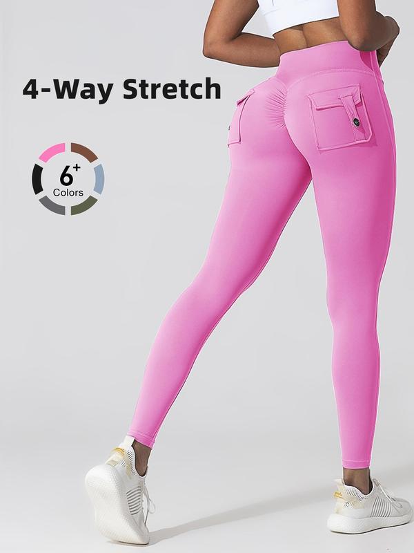 Women's Solid High Waist Pocket Sports Leggings, Casual Comfy Breathable Skinny Pants for Yoga Gym Workout Running, Ladies Sportswear for All Seasons