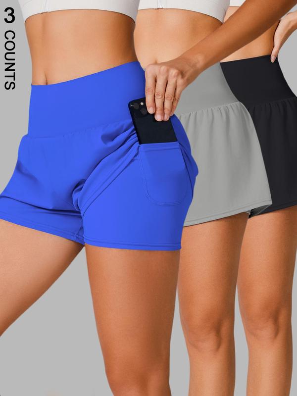 Women's 2 in 1 Pocket Sports Shorts, Solid Color Breathable Comfortable Shorts, Ladies Sportswear for Indoor Outdoor Wear