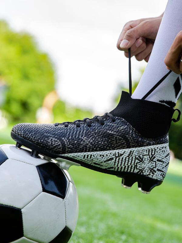 Colorblock All Over Print Soccer Shoes, Trendy Lace-up Front High Top Football Shoes, Long Studs Football Cleats,  Soccer Cleats,  Anti-slip Summer Sneakers for Men & Women