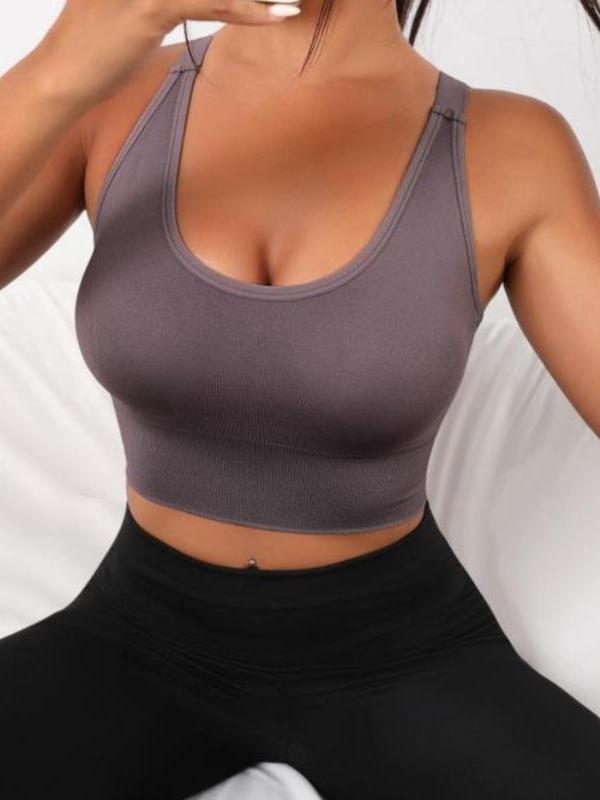 Women's Solid Criss Cross Backless Scoop Neck Sports Bra, High Stretch Seamless Sports Bra, Ladies Summer Sportswear for Gym Workout Yoga, Fall Outfits, Fallfreshness