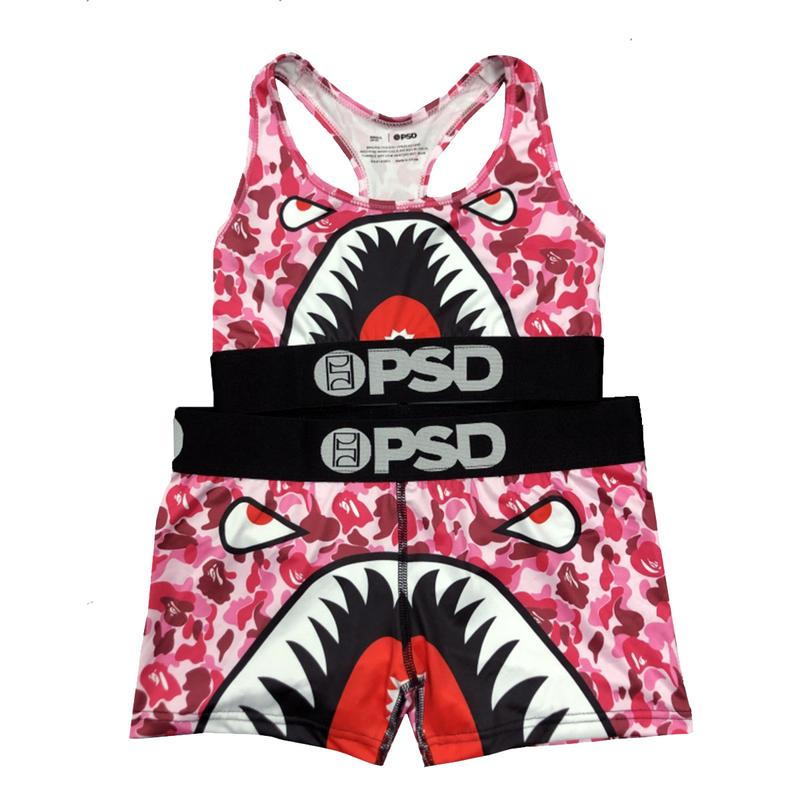 Hot Sale Women Sports Fitness PSD Underwear Set, Comfortable Breathable Quick Dry Two-piece Set, Sports Boxer Set, Sexy, Unique Shark Pattern Tops and Underwear