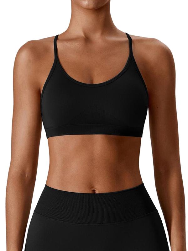 Women's Solid Criss Cross Backless Sports Bra, Breathable Comfortable Removable Chest Pads Sports Bra, Ladies Sportswear for Indoor Outdoor Wear