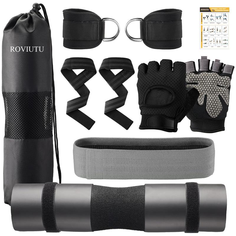 Barbell Pad Set,10 Pcs Barbell Pads for Hip Thrust Squat & Lunges Support,with 2 Workout Ankle Straps, 2 Gym Straps Weight Lifting, 2 Gym Gloves, Resistance Band, Olympic Bar Pad,Carry Bag-Black