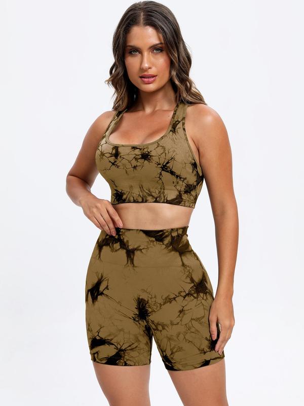 2 Piece Set Women's Tie Dye Print Sports Tracksuit Set, Fall Outfits, Fallfreshness, Racer Back Scoop Neck Crop Tank Top & High Waist Wide Waistband Shorts, Ladies Tracksuits, Workout Gym Yoga Exercise Clothing Set, Minimalistic Outfit, Fall Outfits