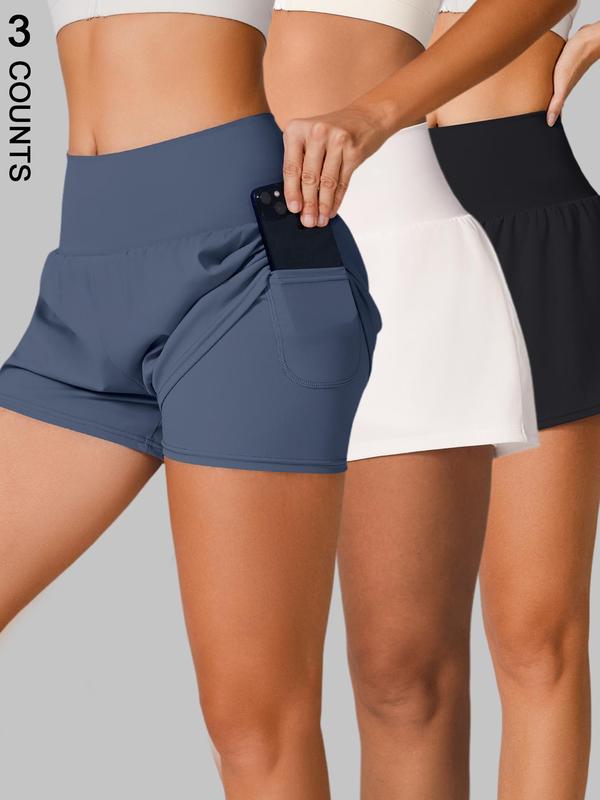 Women's 2 in 1 Pocket Sports Shorts, Solid Color Breathable Comfortable Shorts, Ladies Sportswear for Indoor Outdoor Wear