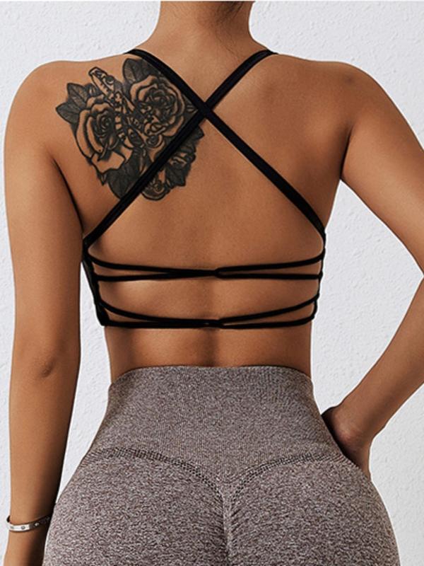 Women's Solid Criss Cross Crop Sports Vest, Sporty Backless Cropped Top for Gym Workout, Ladies Sportswear for Indoor Outdoor Wear, Ladies Sports Tops