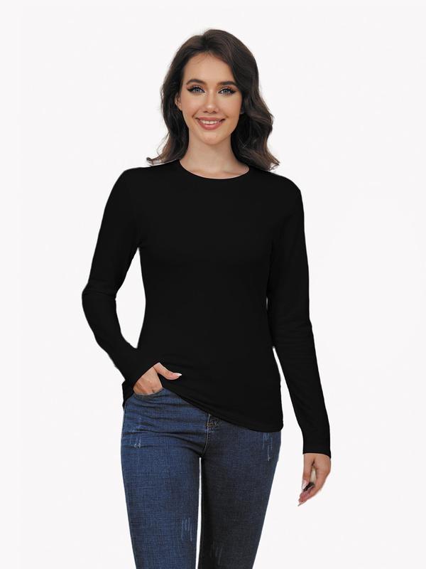 Women's Solid Round Neck Sports Thermal Tee, Casual Comfy Warm Long Sleeve T-shirt for Fall & Winter, Women's Sportswear for Indoor Outdoor Wear