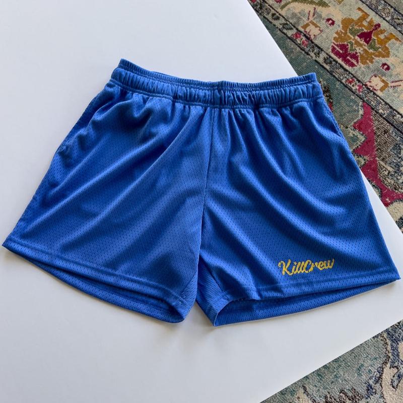 [Kill Crew] Vented Mesh Script Shorts - Blue   Gold, unisex, gym shorts, Elastic