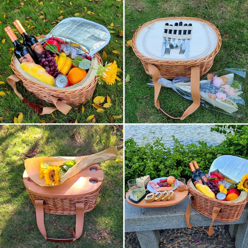 [100% Hand Woven]Hap Tim Wicker Picnic Basket Set for 2 4 Persons | Large Willow Hamper with Large Insulated Cooler Compartment Cutlery Service Kit-Classical Brown mother's day gift