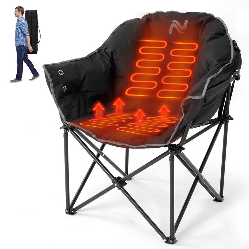 LILYPELLE Oversized Heated Camping Chair, Padded Camp Chair with 3 Heat Levels, Portable Folding Heated Chair Round Moon Saucer Folding Lawn Chair Outdoor Chair