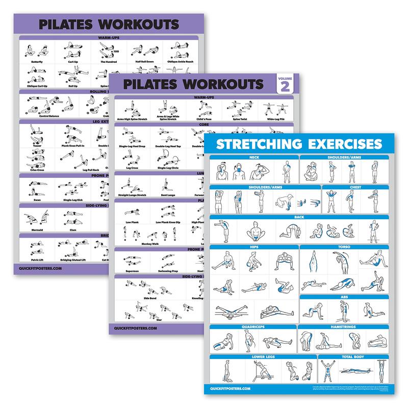 3 Pack - Pilates Workout Poster Set Volume 1 & 2 + Stretching Routine - Pilates Mat Work Exercises - Fitness Charts LAMINATED