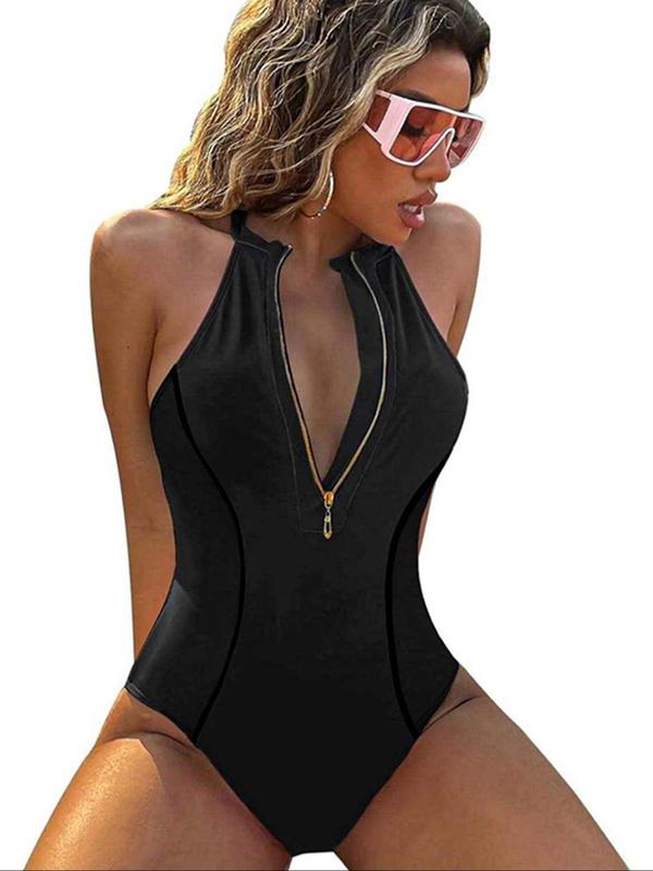 Women's Colorblock Zipper One-piece Swimsuit, Casual Sleeveless Round Neck Swimwear for Summer, Ladies Swimsuit for Beach Holiday Vacation