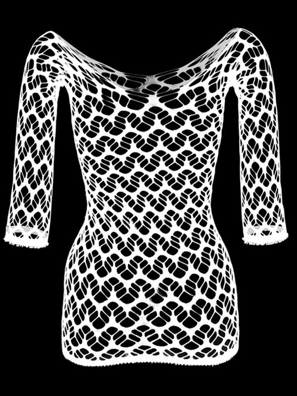 Women's Cut Out Sheer Fishnet Cover Up Dress, Solid Long Sleeve Scoop Neck Bodycon Cover Up Dress, Ladies Summer Beach Holiday Vacation Swimwear